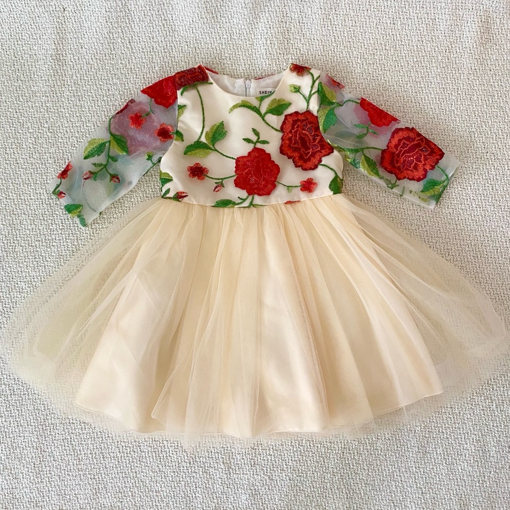Toddler Girls Formal Floral Embroidery Mesh Gown Dress Size 4